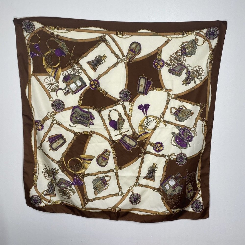 Vintage Silk Scarf Equestrian Brown Gold Carriage Victorian Square Neck 34x34